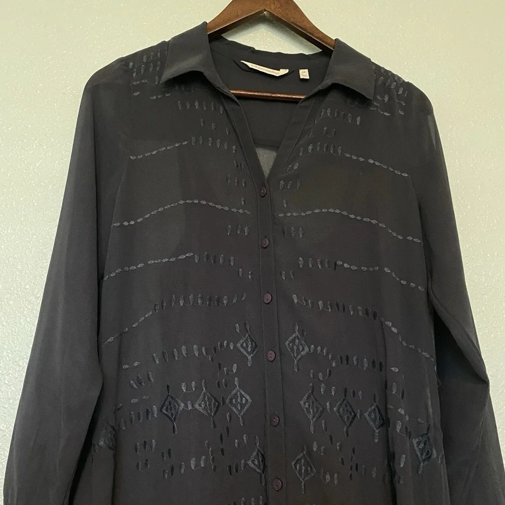 Soft Surroundings Ibiza maxi dress‎ Sz XS Slate Gray Embroidered Sheer Boho Chic